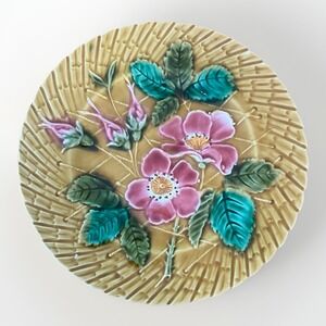 Antique French Majolica Plate Moss Roses Straw Texture Made‎ in France PV Rare